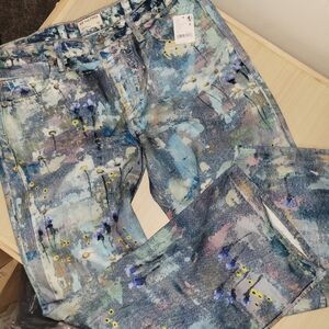 FREE PEOPLE Floral Canvas Paint Jeans Wide Cuff Boyfriend Size 32